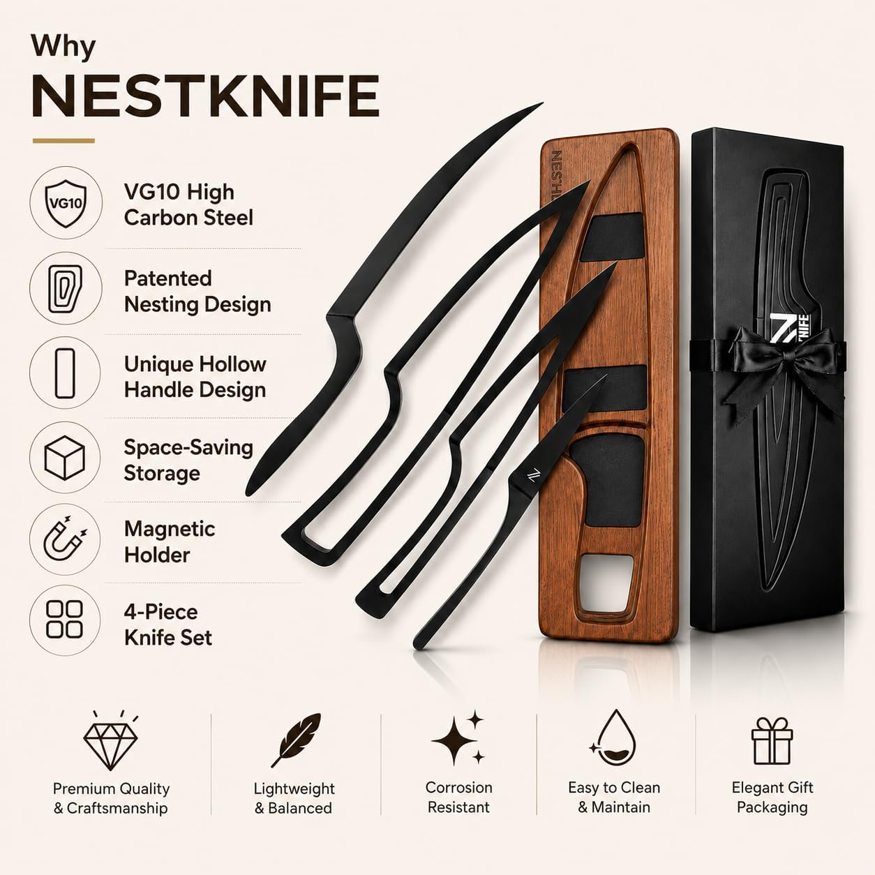 Magnetic Kitchen Knife Set - 4 Piece VG10 High Carbon Stainless Steel Kitchen Knives with Space-Saving Nesting Design & Magnetic Block - Ultra Sharp Professional Chef Knife Set