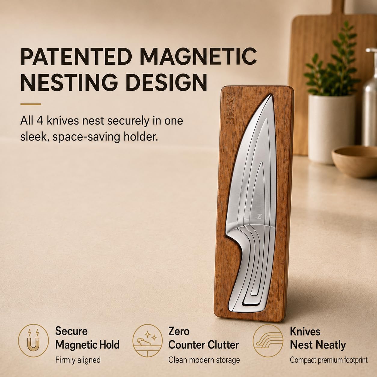 Magnetic Kitchen Knife Set - 4 Piece VG10 High Carbon Stainless Steel Kitchen Knives with Space-Saving Nesting Design & Magnetic Block - Ultra Sharp Professional Chef Knife Set