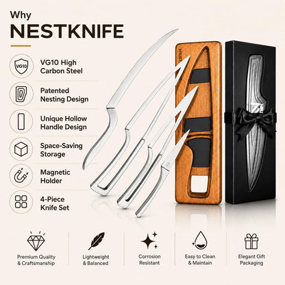 Magnetic Kitchen Knife Set - 4 Piece VG10 High Carbon Stainless Steel Kitchen Knives with Space-Saving Nesting Design & Magnetic Block - Ultra Sharp Professional Chef Knife Set