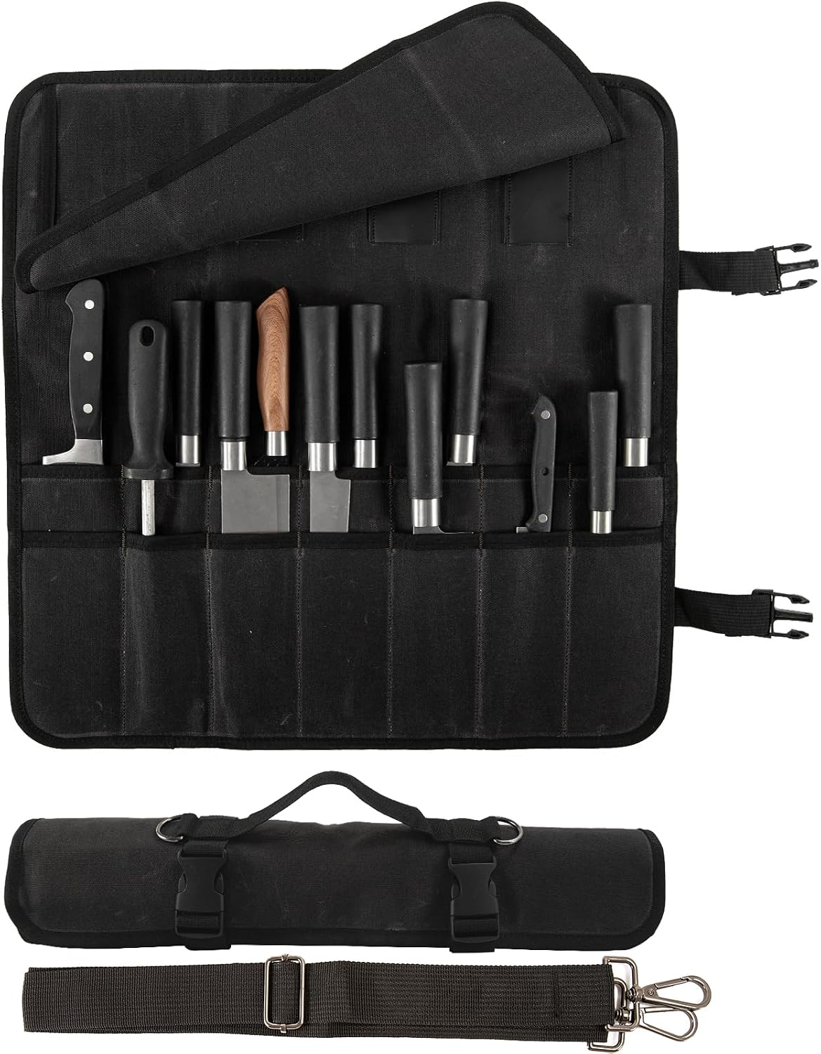 Chef Knife Roll Bag,Waxed Canvas chef bag with 18 Slots Cutlery Knives Holders Protectors,Portable Knife Bags for Chefs Professional,Case Storage Pouch,Camping and Hold Home Kitchen Knife Tools