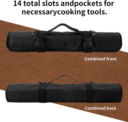 Chef Knife Roll Bag,Waxed Canvas chef bag with 18 Slots Cutlery Knives Holders Protectors,Portable Knife Bags for Chefs Professional,Case Storage Pouch,Camping and Hold Home Kitchen Knife Tools