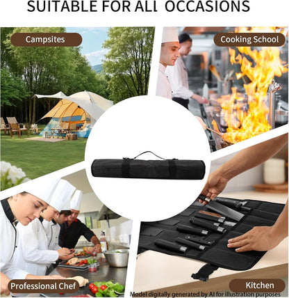 Chef Knife Roll Bag,Waxed Canvas chef bag with 18 Slots Cutlery Knives Holders Protectors,Portable Knife Bags for Chefs Professional,Case Storage Pouch,Camping and Hold Home Kitchen Knife Tools