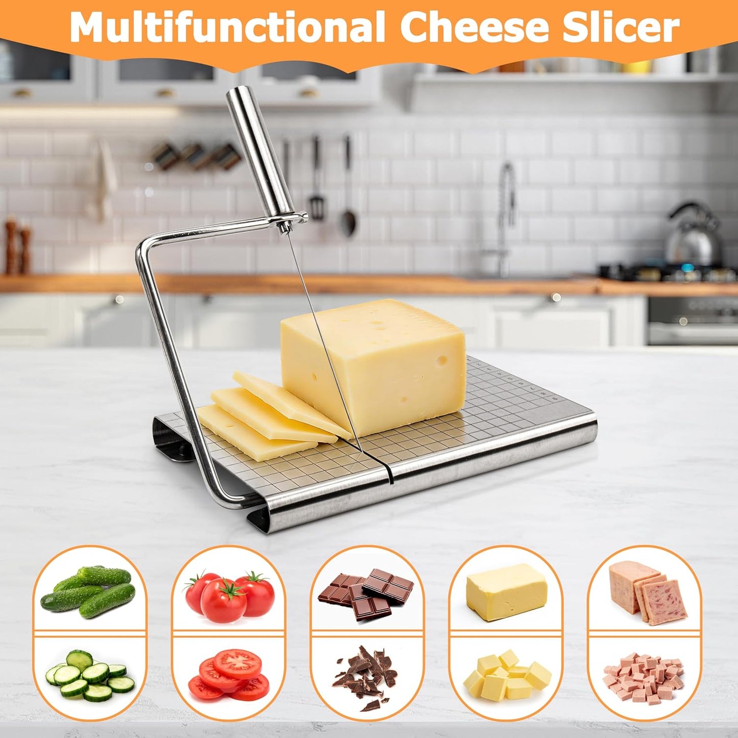 Cheese Slicer with 4 Piece Cheese Knives Set, Stainless Steel Cheese Cutter with Measuring Grids,Tightness Adjustable Wire Cheese Slicer for Block Cheese, with 5 Extra Wires