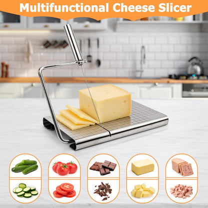 Cheese Slicer with 4 Piece Cheese Knives Set, Stainless Steel Cheese Cutter with Measuring Grids,Tightness Adjustable Wire Cheese Slicer for Block Cheese, with 5 Extra Wires