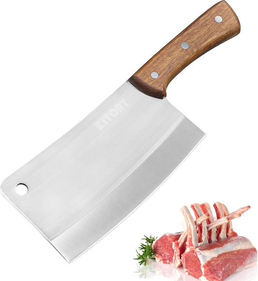 Meat Cleaver, Chinese Chefs Kitchen knife, bone chopper, full tang butcher chopping knife with hanging hole, wooden handle, German Steel, for home and resturant