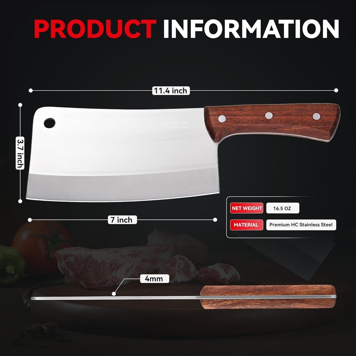 Meat Cleaver, Chinese Chefs Kitchen knife, bone chopper, full tang butcher chopping knife with hanging hole, wooden handle, German Steel, for home and resturant
