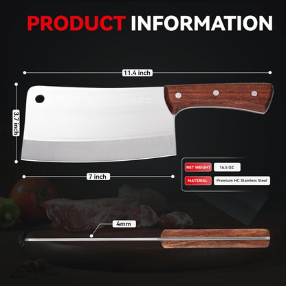 Meat Cleaver, Chinese Chefs Kitchen knife, bone chopper, full tang butcher chopping knife with hanging hole, wooden handle, German Steel, for home and resturant