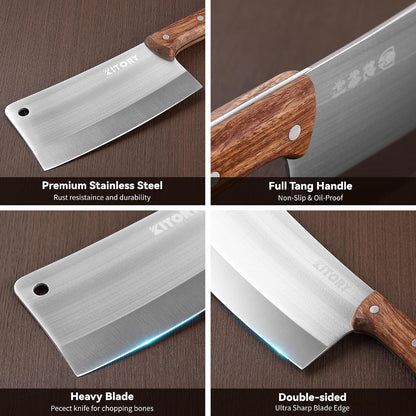 Meat Cleaver, Chinese Chefs Kitchen knife, bone chopper, full tang butcher chopping knife with hanging hole, wooden handle, German Steel, for home and resturant