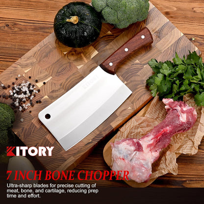 Meat Cleaver, Chinese Chefs Kitchen knife, bone chopper, full tang butcher chopping knife with hanging hole, wooden handle, German Steel, for home and resturant