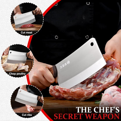 Meat Cleaver, Chinese Chefs Kitchen knife, bone chopper, full tang butcher chopping knife with hanging hole, wooden handle, German Steel, for home and resturant