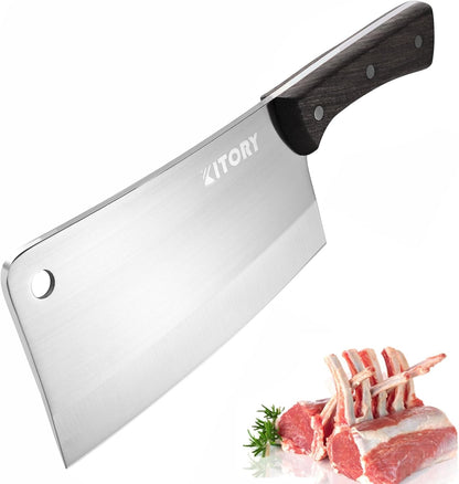 Meat Cleaver, Chinese Chefs Kitchen knife, bone chopper, full tang butcher chopping knife with hanging hole, wooden handle, German Steel, for home and resturant