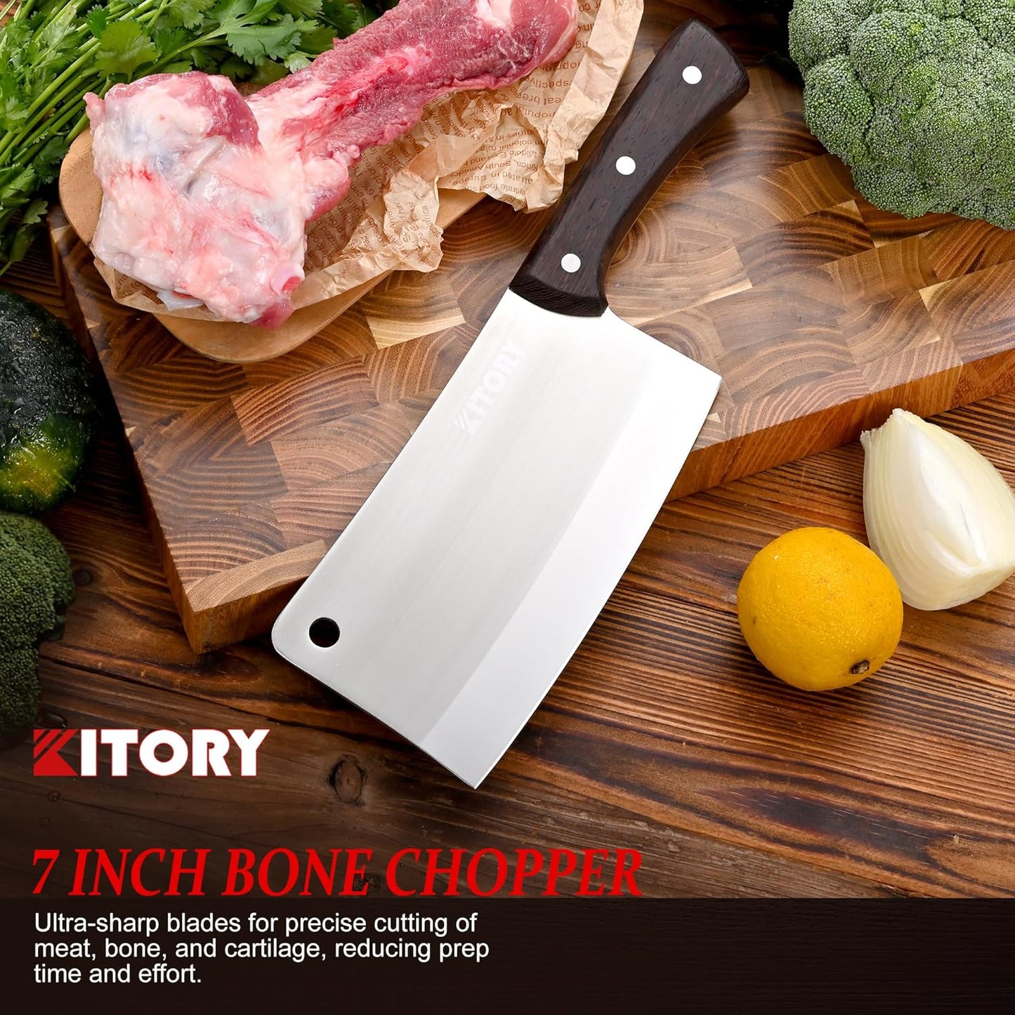 Meat Cleaver, Chinese Chefs Kitchen knife, bone chopper, full tang butcher chopping knife with hanging hole, wooden handle, German Steel, for home and resturant