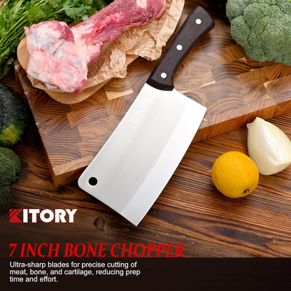 Meat Cleaver, Chinese Chefs Kitchen knife, bone chopper, full tang butcher chopping knife with hanging hole, wooden handle, German Steel, for home and resturant