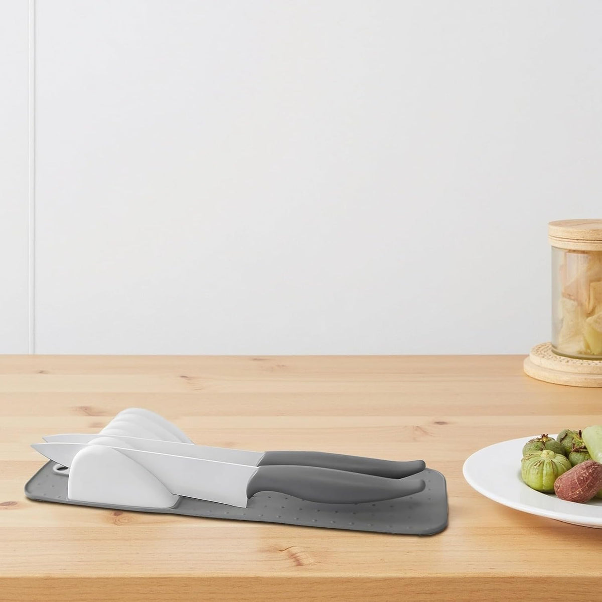 15 in Drawer Knife Organizer, 5-Slot Holder Tray, Gray and White Design, Non-Slip Cutlery Storage Solution, Compact