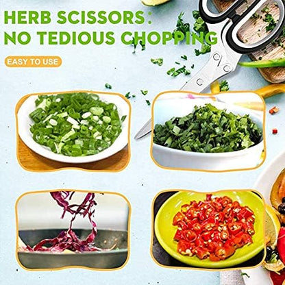 Herbal Scissors Stainless Steel 5 Blade Kitchen Scissors Mince Fresh Herbs & Leafy Greens Kitchen Gadgets Herb Cutter whit Cleaning Comb (Green)