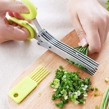 Herbal Scissors Stainless Steel 5 Blade Kitchen Scissors Mince Fresh Herbs & Leafy Greens Kitchen Gadgets Herb Cutter whit Cleaning Comb (Green)