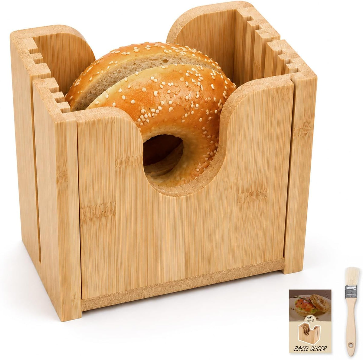 Bamboo Bagel Slicer for Homemade Bread, Wooden Bread Cutting Guide with Cleaning Brush, Safe Bagel Cutter for Bagels, Muffins, Rolls and Small Bread Loaves