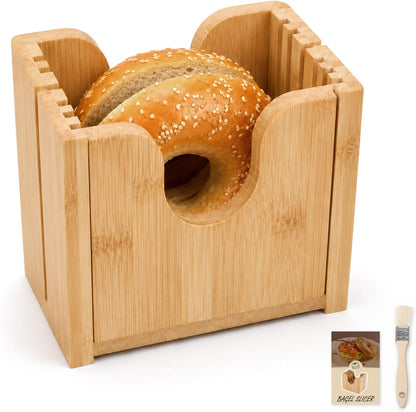 Bamboo Bagel Slicer for Homemade Bread, Wooden Bread Cutting Guide with Cleaning Brush, Safe Bagel Cutter for Bagels, Muffins, Rolls and Small Bread Loaves
