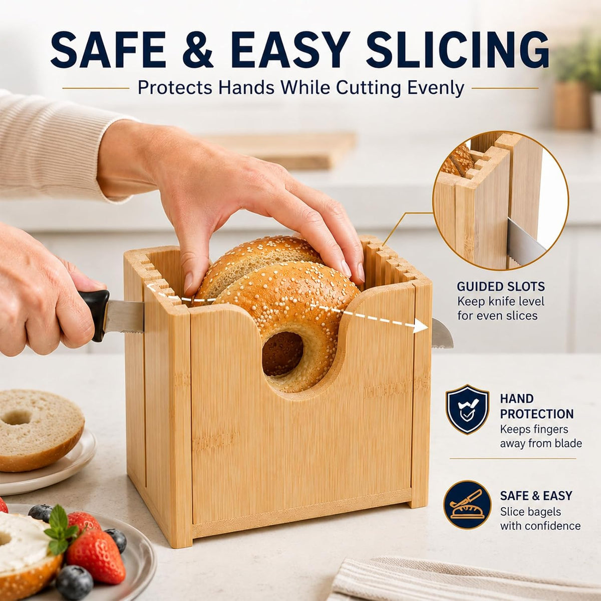 Bamboo Bagel Slicer for Homemade Bread, Wooden Bread Cutting Guide with Cleaning Brush, Safe Bagel Cutter for Bagels, Muffins, Rolls and Small Bread Loaves
