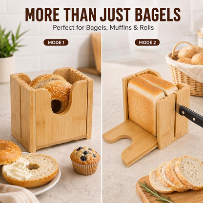 Bamboo Bagel Slicer for Homemade Bread, Wooden Bread Cutting Guide with Cleaning Brush, Safe Bagel Cutter for Bagels, Muffins, Rolls and Small Bread Loaves