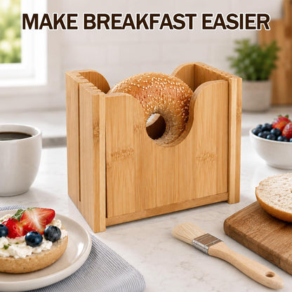 Bamboo Bagel Slicer for Homemade Bread, Wooden Bread Cutting Guide with Cleaning Brush, Safe Bagel Cutter for Bagels, Muffins, Rolls and Small Bread Loaves