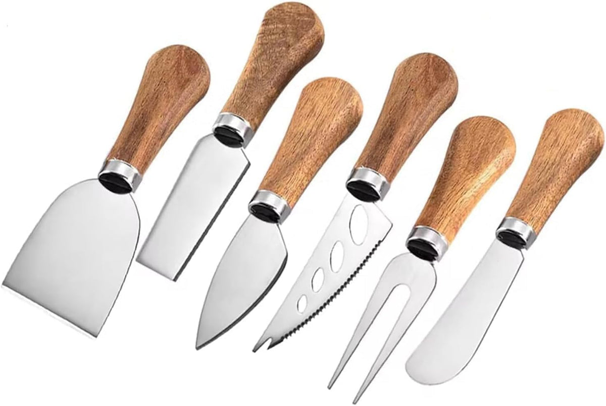 Cheese Knife Set with Acacia Wood Handles - Cheese Knife, Spreader, Fork, Slicer - Mini Stainless Steel Cheese Tools for Charcuterie Boards (6Pcs/Set, S)