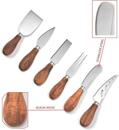 Cheese Knife Set with Acacia Wood Handles - Cheese Knife, Spreader, Fork, Slicer - Mini Stainless Steel Cheese Tools for Charcuterie Boards (6Pcs/Set, S)