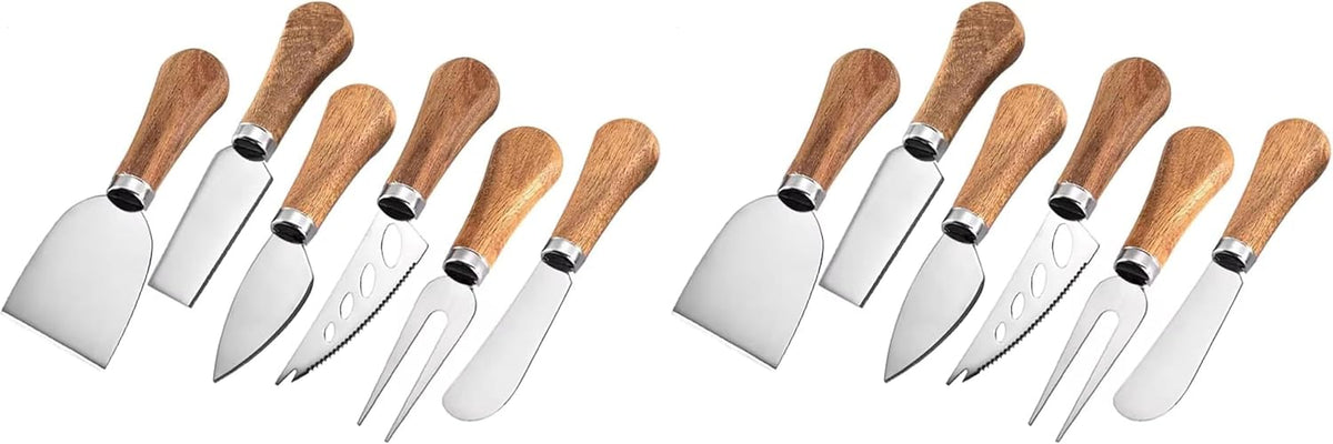 Cheese Knife Set with Acacia Wood Handles - Cheese Knife, Spreader, Fork, Slicer - Mini Stainless Steel Cheese Tools for Charcuterie Boards (6Pcs/Set, S)