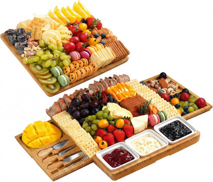 Large Bamboo Charcuterie Board, Double Pull-Out Trays Set, Brown | 15.8"x12.6" Cheese Board with Dual Pull-Out Drawers, Ceramic Bowls, Knife Set, Ideal for Parties and Housewarming Gifts