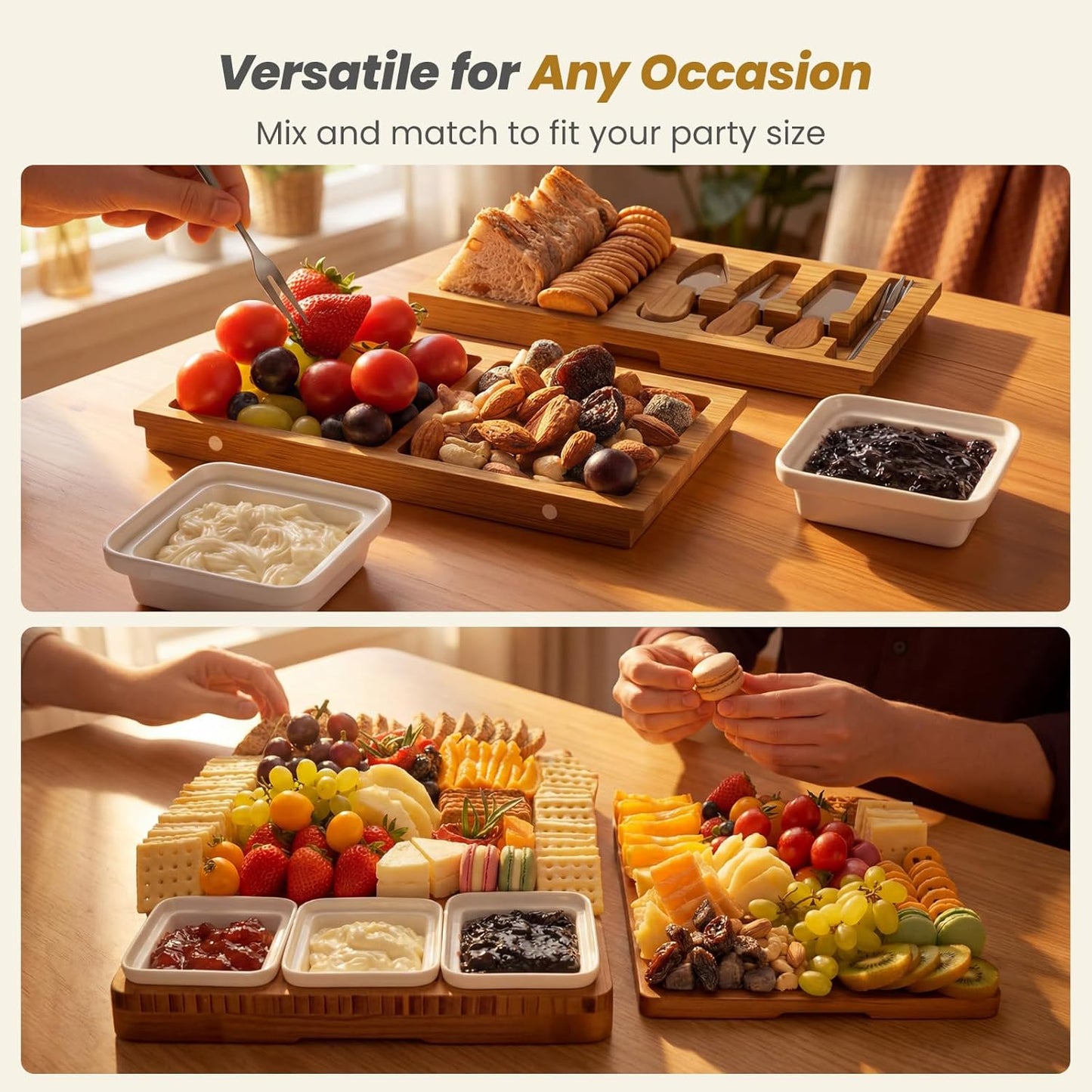 Large Bamboo Charcuterie Board, Double Pull-Out Trays Set, Brown | 15.8"x12.6" Cheese Board with Dual Pull-Out Drawers, Ceramic Bowls, Knife Set, Ideal for Parties and Housewarming Gifts