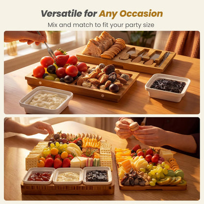 Large Bamboo Charcuterie Board, Double Pull-Out Trays Set, Brown | 15.8"x12.6" Cheese Board with Dual Pull-Out Drawers, Ceramic Bowls, Knife Set, Ideal for Parties and Housewarming Gifts