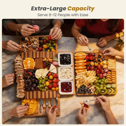 Large Bamboo Charcuterie Board, Double Pull-Out Trays Set, Brown | 15.8"x12.6" Cheese Board with Dual Pull-Out Drawers, Ceramic Bowls, Knife Set, Ideal for Parties and Housewarming Gifts