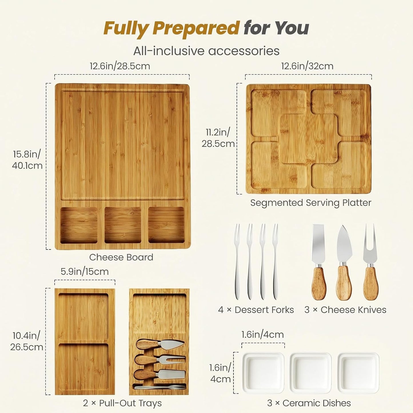 Large Bamboo Charcuterie Board, Double Pull-Out Trays Set, Brown | 15.8"x12.6" Cheese Board with Dual Pull-Out Drawers, Ceramic Bowls, Knife Set, Ideal for Parties and Housewarming Gifts