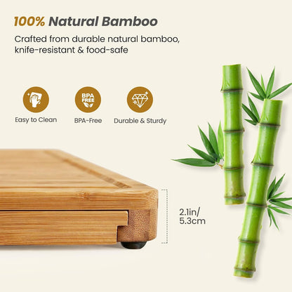 Large Bamboo Charcuterie Board, Double Pull-Out Trays Set, Brown | 15.8"x12.6" Cheese Board with Dual Pull-Out Drawers, Ceramic Bowls, Knife Set, Ideal for Parties and Housewarming Gifts