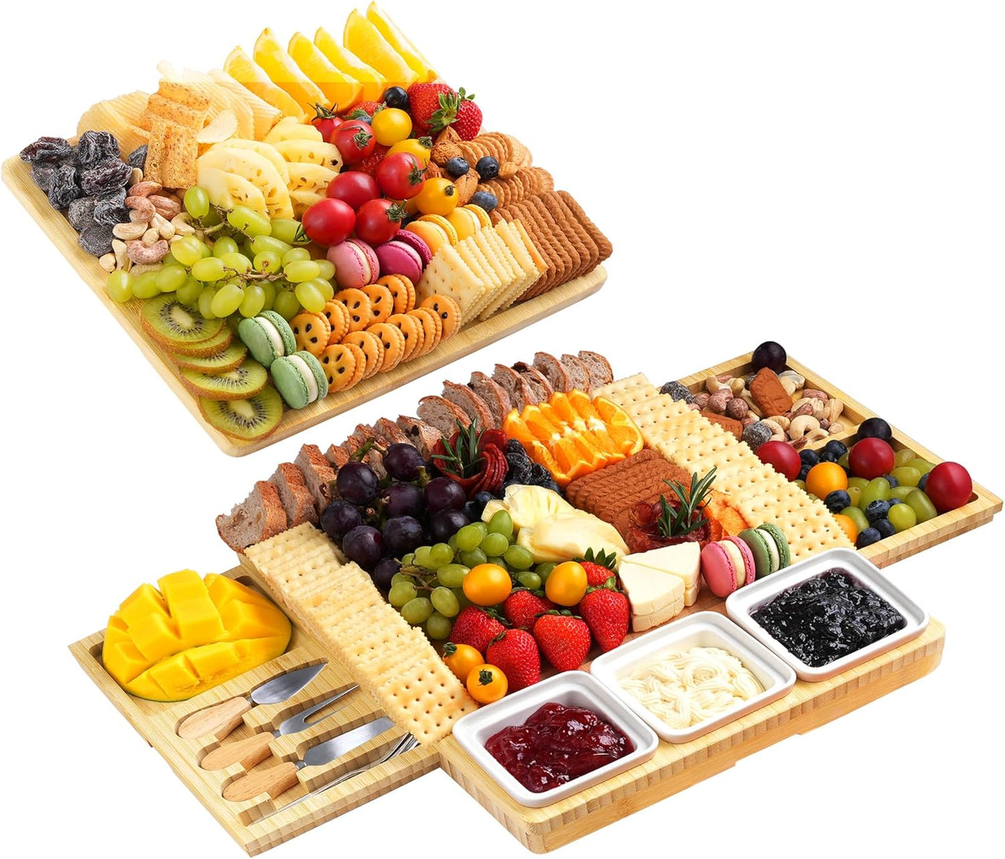Large Bamboo Charcuterie Board, Double Pull-Out Trays Set, Brown | 15.8"x12.6" Cheese Board with Dual Pull-Out Drawers, Ceramic Bowls, Knife Set, Ideal for Parties and Housewarming Gifts