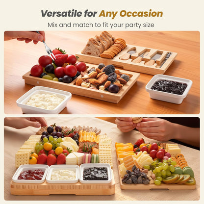 Large Bamboo Charcuterie Board, Double Pull-Out Trays Set, Brown | 15.8"x12.6" Cheese Board with Dual Pull-Out Drawers, Ceramic Bowls, Knife Set, Ideal for Parties and Housewarming Gifts