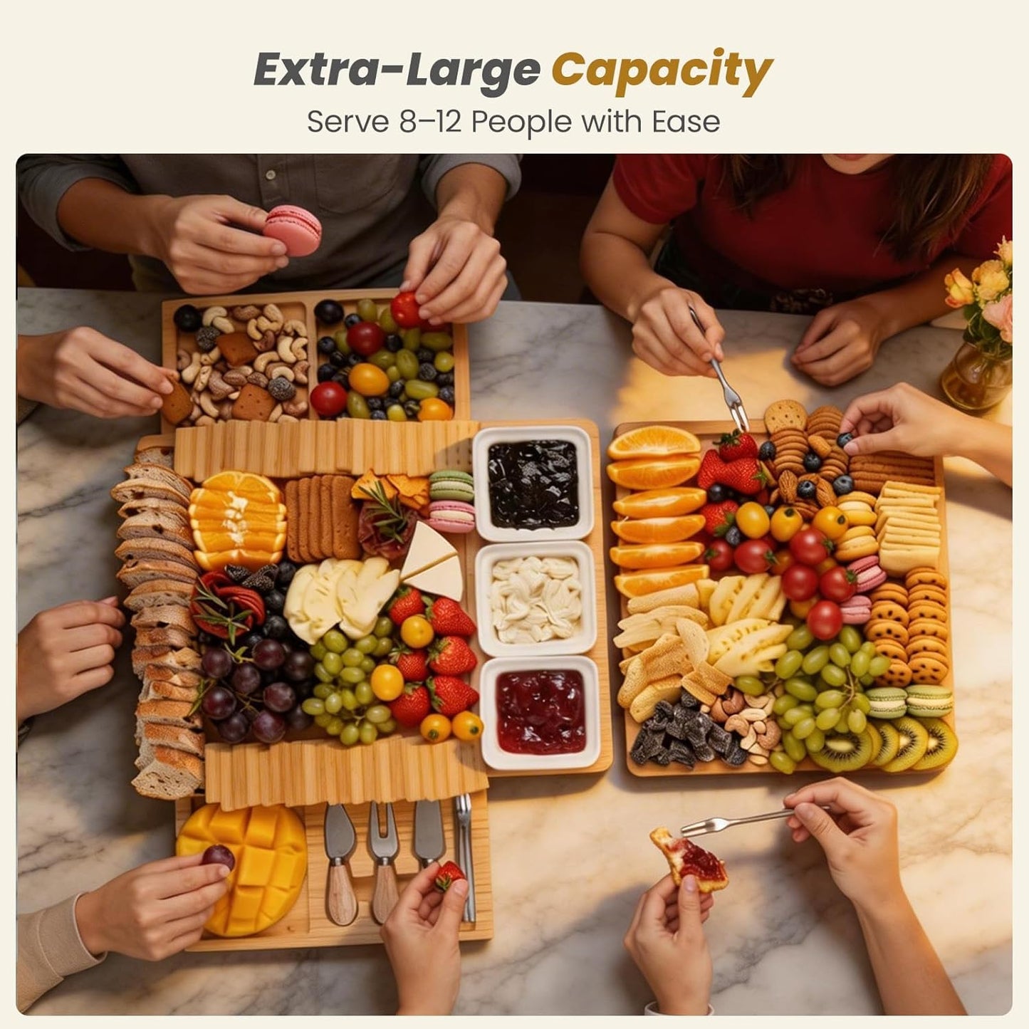 Large Bamboo Charcuterie Board, Double Pull-Out Trays Set, Brown | 15.8"x12.6" Cheese Board with Dual Pull-Out Drawers, Ceramic Bowls, Knife Set, Ideal for Parties and Housewarming Gifts