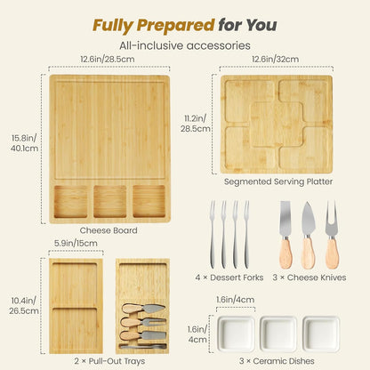 Large Bamboo Charcuterie Board, Double Pull-Out Trays Set, Brown | 15.8"x12.6" Cheese Board with Dual Pull-Out Drawers, Ceramic Bowls, Knife Set, Ideal for Parties and Housewarming Gifts