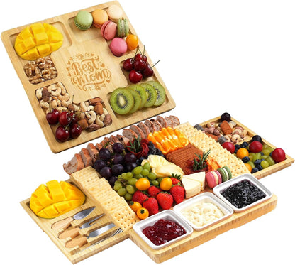 Large Bamboo Charcuterie Board, Double Pull-Out Trays Set, Brown | 15.8"x12.6" Cheese Board with Dual Pull-Out Drawers, Ceramic Bowls, Knife Set, Ideal for Parties and Housewarming Gifts