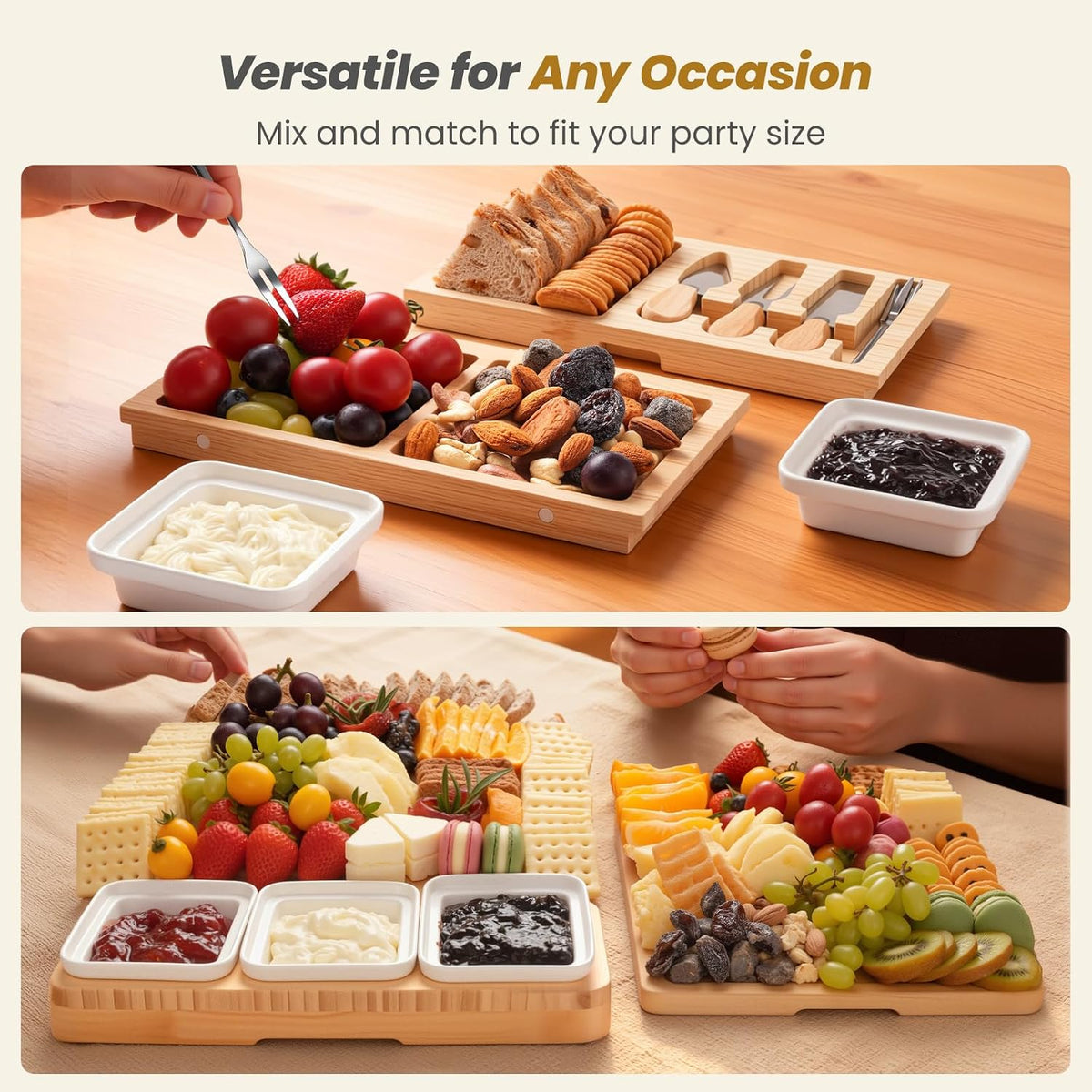 Large Bamboo Charcuterie Board, Double Pull-Out Trays Set, Brown | 15.8"x12.6" Cheese Board with Dual Pull-Out Drawers, Ceramic Bowls, Knife Set, Ideal for Parties and Housewarming Gifts