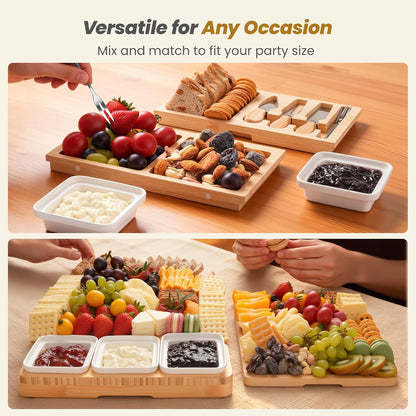 Large Bamboo Charcuterie Board, Double Pull-Out Trays Set, Brown | 15.8"x12.6" Cheese Board with Dual Pull-Out Drawers, Ceramic Bowls, Knife Set, Ideal for Parties and Housewarming Gifts