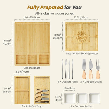 Large Bamboo Charcuterie Board, Double Pull-Out Trays Set, Brown | 15.8"x12.6" Cheese Board with Dual Pull-Out Drawers, Ceramic Bowls, Knife Set, Ideal for Parties and Housewarming Gifts