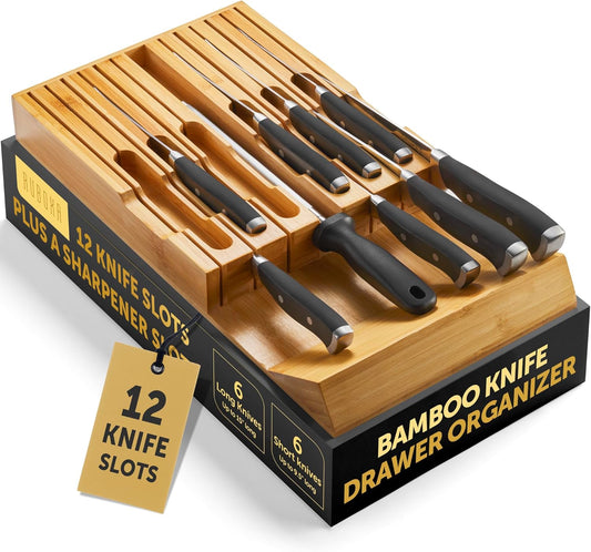 High-Grade 100% Bamboo Knife Drawer Organizer - 12 Slots Plus Sharpener, Secure, Practical, Eco-Friendly Knife Block