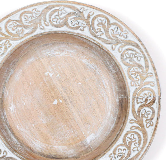 Mango Carving Wood Round Platters for Ottoman or Side table, Charcuterie Board or Cheese Platter for Living Room (13" x 13" x 2" - White Wash)