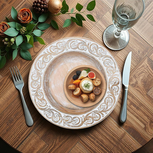 Mango Carving Wood Round Platters for Ottoman or Side table, Charcuterie Board or Cheese Platter for Living Room (13" x 13" x 2" - White Wash)