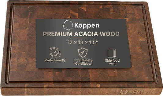 Koppen End Grain Cutting Board, Knife-Friendly Butcher Block with Juice Groove, Inner Handles & Food Well, Reversible Heavy-Duty Serving & Chopping Board, Size 20 x 15 x 1.5 in, Walnut Color