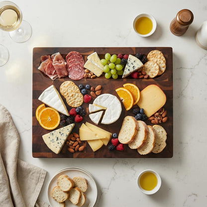 Koppen End Grain Cutting Board, Knife-Friendly Butcher Block with Juice Groove, Inner Handles & Food Well, Reversible Heavy-Duty Serving & Chopping Board, Size 20 x 15 x 1.5 in, Walnut Color
