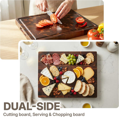 Koppen End Grain Cutting Board, Knife-Friendly Butcher Block with Juice Groove, Inner Handles & Food Well, Reversible Heavy-Duty Serving & Chopping Board, Size 20 x 15 x 1.5 in, Walnut Color