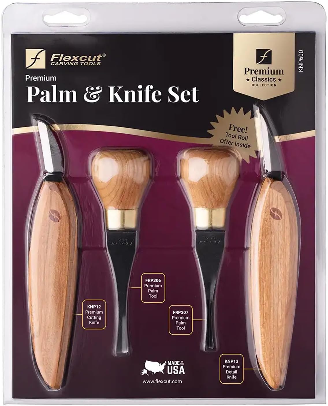 Premium Series Wood Carving Tool Set, 4-Piece Beginner Palm & Knife Set with Cutting and Detail Knives, Sweep and Parting Palm Tools, Ergonomic Cherry Wood Handles, USA Made