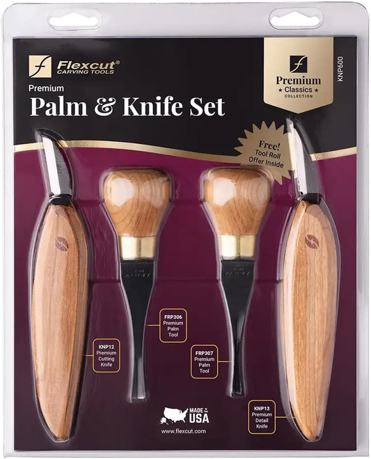 Premium Series Wood Carving Tool Set, 4-Piece Beginner Palm & Knife Set with Cutting and Detail Knives, Sweep and Parting Palm Tools, Ergonomic Cherry Wood Handles, USA Made